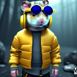 Hamster toddler, steampunk headphone, sunglass, gangsta neckless, full body, yellow puffer jacket, tokio background, dramatic lighting, hyper realistic, unreal engine 5, 16k