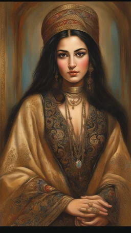 A stunningly radiant Persian woman, her face exudes timeless beauty and grace. Captured in a mesmerizing oil painting, every brushstroke delicately portrays her luminous complexion, enchanting brown eyes, and cascading raven-black hair. The artist's attention to detail brings out the intricate patterns of her traditional attire, adorned with vibrant colors and ornate gold embroidery. This exquisite portrait is a testament to the meticulous craftsmanship and expert artistry, transporting viewers