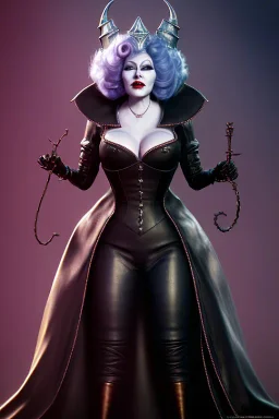 Mae West as evil queen in black leather, leather, busty, cleavage, angry, stern look. character design by cory loftis, fenghua zhong, ryohei hase, ismail inceoglu and ruan jia. unreal engine 5, artistic lighting, highly detailed, photorealistic, fantasy