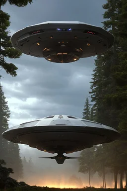 a bunch of school kids see 1 ufo flying over tall pine trees, concept art, by Asaf Hanuka, by Weta Digital, Electric Colors, Screen Space Global Illumination, in a symbolic and meaningful style, the craft has flat bottom,3 large lights underneath glow with intense fury, kids running up to craft with wonder