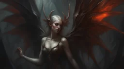 Demonic Elves with Wings,, Full Body Shot, Hyperrealistic, Photorealistic, Instant Details, darkness, by Raymond Swanland & Alyssa Monks & Anna Razumovskaya