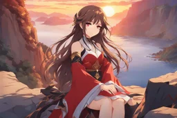 A woman from Genshin Impact, pale complexion and long brown hair, Her eyes are red with a diamond-shaped pupil, intricate background, intricate face, sitting on a cliff during sunset, contemplative, anime style, dynamic composition