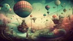 Vibrant digital illustration portraying a whimsical, fantastical world where the laws of physics are challenged, drawing the audience into a realm of boundless possibilities., stained vignette, highly detailed found footage, desaturated faded film, film skratches and dust