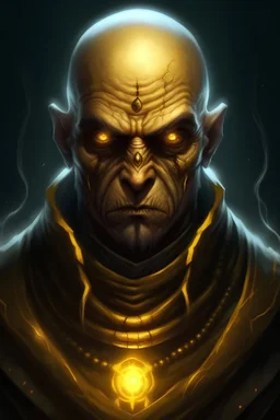 Sorcerer, North African, bald, evil, angry, with yellow glowing eyes, fantasy game portrait