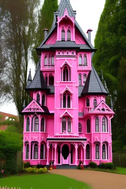 Gothic style pink house, vibrant colours, victorian architecture, scary decoration, barbie decoration