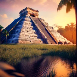 Chichen Itza, sunset, rainbow sunset, waterfall, palms, twigs, spring, sunset rainbow, bridge flying birds, unreal engine 5, cinematic lighting, realistic, hyper detailed, 8k, octane render