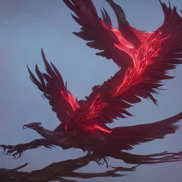 a detailed illustration of a black and red phoenix sitting on a branch of a tree, phoenix wallpaper, luminescent body, glinting wings, full body, symmetrical body, realistic, glowing wings, sharp focus, meticulously detailed, soft evening sky, 64k