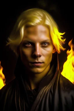 A highly detailed portrait photograph, Magier, Blond, Umhang, Bart, Stab, Feuer