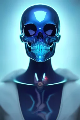 A glass headed skull with sapphire eys wearing a futuristic uniform, 8k resolution concept art portrait by Greg Rutkowski, Artgerm, WLOP, Alphonse Mucha Boris Vallejo dynamic lighting hyperdetailed intricately detailed Splash art trending on Artstation complimentary colors Unreal Engine 5 volumetric lighting