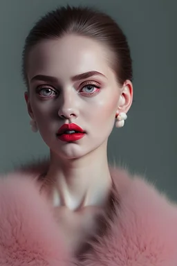 Minimalistic portrait of a beautiful and sensual woman with red lips and cold big eyes wearing earrings, a light pink fur coat in a haute couture style isolated on a dark background, cinematic lighting, ultra-realistic, shot in the style of hasselblad x2d + pishington e skinner + peter coulson, minimalism --ar 5164