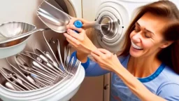 woman puts spoons in the dryer