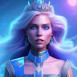 A portrait of a full body crystalised blue pink queen,smiling face, blue eyes, long blond hair, atmospheric, realistic, unreal engine, lighting