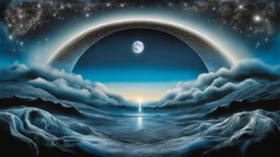 just one giant shiny Moon on the sky, stars and circled silver glitters on the sky, etheral, mystic art, blue, silver, black colors, ethereal fantasy hyperdetailed mist style by dali, bosch, kandinsky