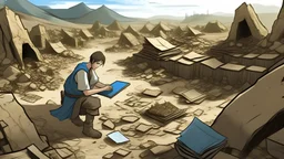 A digital illustration in a modern, graphic novel style showing an intern working in a busy archaeological dig site. The scene is bustling with activity as the intern meticulously brushes dirt away from ancient artifacts, uncovering a hidden piece of history. The setting is a desert landscape with crumbling ruins in the background, adding a sense of mystery and adventure to the image. The colors are bold and the lines are sharp, creating a dynamic and engaging composition