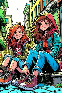 çizgi roman tarzıiki kız beraber sokakta oturuyorlar yaşları daha büyük liseliler daha renkli kızlardan birinin saçı kabarık diğerininki ise biraz uzun geniş açı ikisininde vücudu tam görünsün 2 boyutlu çizgi roman tarzı koyu gölgelendirme ayakları düzelt 3 boyutlu biraz daha üç boyutlu 3 boyutlu kızların fiziklerini değiştir