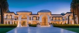 panoramic ,beverly hills style mansion, exterior photography of a romantic and bright house, 8k, ultra HD