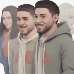 a portrait of smiling young cute western man. caricature. black hair. short buzz cut hair style. light skin. dark eye pupils. small eyes. black thick eyebrow. small short round face shape. a bit small goatee, without moustache. big nose. thick mouth. white sweater hoodie. pixar style. 3D. 4k. portrait. highly detailed. sharp focus. high resolution. full color. cinema lighting