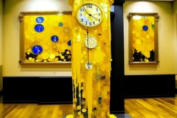 A yellow clock tower made out of gel in a thunderstorm painted by Gustav Klimt