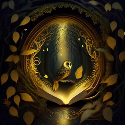 Book with vines and an owl in a middle of a forest in a tunnel of love, magic, fantasy, gold colors, black touch