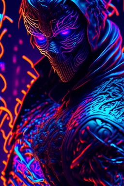 blacklight reactive 3d 8k hd :: ninja warrior :: by stephen king, crazy, dark fantasy, intricate detailed masterpiece, ray tracing:: cinematic 4D::