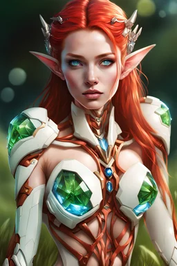 female elf, high cheekbones, white scale high tech armor, cybernetic jaw, cybernetic throat, blue crystal in the center of the armor, laying on the back at grassfield, single character, red hair, green eyes, photorealistic