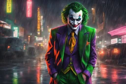Joker in 8k realistic anime artstyle, Palestine them, neon effect, close picture, rain, fantasy world, intricate details, highly detailed, high details, detailed portrait, masterpiece,ultra detailed, ultra quality
