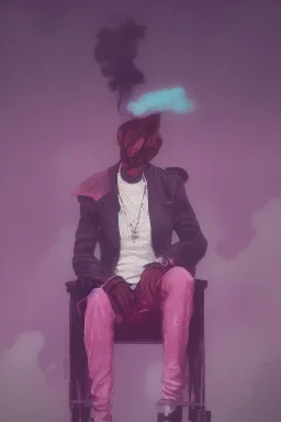 Snoop dogg sitting on a chair. pink houses, pink sky, pink smoke, moon, trees