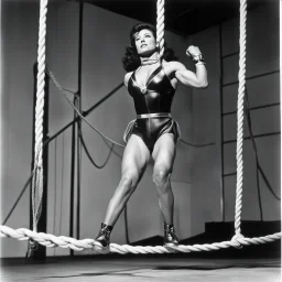 [high res photo by helmut newton] Oro wrestler Sherry Martel as a super heroine on the rope of the ring, ready to jump