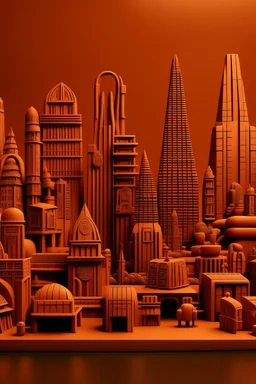 A dark orange colored city with tool shaped buildings designed in Hawaiian tiki statues