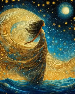 No corners drawing lines dots Kandinsky A full-body pretty African Asian moon goddess draped in flowing celestial fabric walks on water beneath a glowing full moon. Her gown unfurls like clouds, catching starlight and golden dust in the night air. The scene is surreal and divine, with painterly textures and a balance of shadow and illumination vertical Award winning imagery trompe l'oeil 3D surrealism masterpiece of Odilon Redon's dreamlike surrealism. kintsugi painting of abstract squares creat