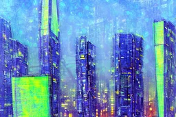 Futuristic buildings near tree zone, cyberpunk influence, impressionism painting