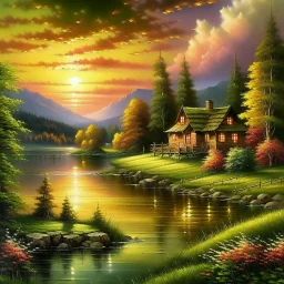 An exquisite oil painting capturing a dreamlike paradise, with a charming little farmhouse nestled by a calm lake. The farmhouse, with its rustic appeal, contrasts against the serene water, surrounded by a lush, verdant forest and rolling hills. The background unfolds into a dramatic landscape, featuring towering mountains and a stunning sunset sky that casts warm, vibrant hues across the scene. The artist's mastery is evident in the seamless blend of traditional oil painting techniques with the