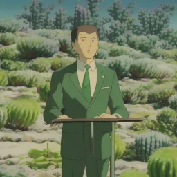 A cactus wearing a suit and tie, standing at a podium giving a speech to a group of other cacti