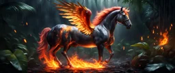 Hyper Realistic Crystal-Fire-horse-with-golden-horn & fire-wings inside a jungle at dark rainy night showing dramatic & cinematic ambiance.