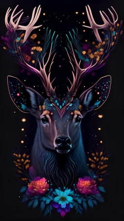 beautiful male deer with bears and head with horns made from beautiful colorfully flowers and star pattern on fur front facing dark smooth colors, high contrast