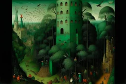 A bluish green tower in a toxic jungle painted by Pieter Bruegel the Elder