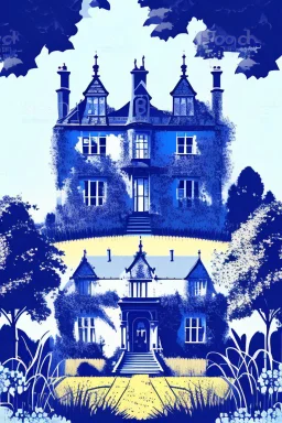 Disused, Victorian Manor House, Blue Sky, Over-Grown Fields, Vector Art