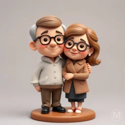 Create a cute premium 3D animated collectible figurine scene of the uploaded couple, using their photo only as the identity reference. Turn them into an adorable husband and wife standing close together on a small round display base. Preserve their recognizable age, facial features, hairstyle, glasses if present, skin tone, and warm loving expressions, but render them in a soft Pixar-style/clay-toy figurine look. The man stands on the left with a gentle smile, one arm lovingly around the woman's