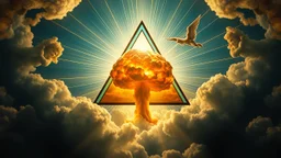 a nuclear explosion cloud(middle) framed from behind by a triangle of stained glass surrounded by radiant lines from the center, the wind and smoke from the explosion forming shapes of attractive dancing women(bottom) and cherubs/cupids(top) in the clouds, religiose art, angelic light