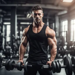 Hyper Realistic muscular-handsome-man-with-black-tank-top training-in-gym with dumbbells & other gym-machinery with dramatic-&-cinematic-ambiance