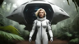An ultrawide-angle, photorealistic image of an adventurous, slender, fifty-year-old woman from the future, dressed in a tailored, full-body spacesuit, stands to the right of her huge, wide, wingless cargo spaceship. Her uncombed, blond hair has bangs. Standing on a metal box in a jungle clearing.