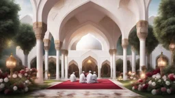 Hyper Realistic Muslim-men praying outside a Beautiful-Huge-White-&-Maroon Mosque in a beautiful garden with grass-arches, Ramadan-Light-Decorations including flowers & garland-lights with garden-lamps showing dramatic-&-cinematic-ambiance