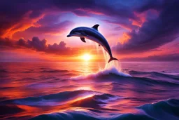 In a remote corner of the ocean, the sun bows its exit, draping the sky in a spectacular cloak of vibrant oranges, purples, and pinks. These hues kiss the sea, setting it ablaze with color, each wave reflecting the heavens' fiery palette. Amidst this tranquil seascape, a dolphin emerges, an embodiment of grace and exuberance. The setting sun anoints its leaping form with a shimmering veneer, accentuating the blue-grey tones of its skin against the water's canvas.