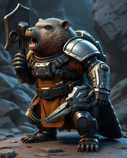 Comic of an armored beaver warrior from science fiction, ultra quality 3D