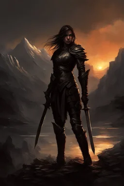 A formidable warrior girl in black armor, on the background Amazing gloomy landscape, flooded with sunset, mountains, trees, fabulous scary hero, , juicy emotions, painting, dark fantasy, gloomy day, dark world, portrait, by James Paick