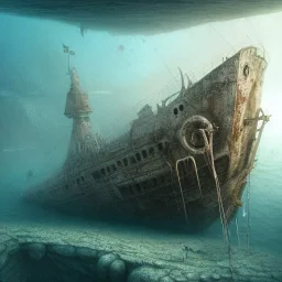 a hyper-realistic sunken ship on ocean floor, abandoned, 8k, high-quality, fine-detail, intricate, sharp, crisp, digital art, detailed matte, illustration, octane render, brian froud, howard lyon, Anne Dittman, Anne Stokes, Lisa Parker, Selina French