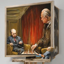 Putin, President Xi Of China And Joe Biden Play Chess With Atomic Bomb Mushroom Cloud,Complex Surgical Instruments Intermixed With A Newborn Boy,Minimalism,Painting By Adrian Ghenie,Rene Magritte,Pablo Picasso,Michelangelo,Salvador Dali,Lucian Freud