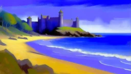 A blue violet castle near a beach painted by Georges Seurat