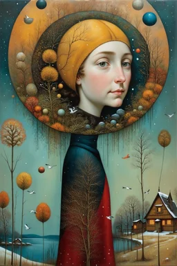 Richly textured Hieronymus Bosch, Catrin Welz-Stein, William Turner, Zdzisław Beksiński, Jacek Yerka oil on canvas zentangle line art style mix, surreal frosted fantasyland winter oceanscape, hoarfrost on trees, high grasses, snow and cottages, withered flowers, pale sunrise; paint splatter, beautiful vibrant colors, reflections, SK, flying seagulls, dramatic clouds, snowfall.