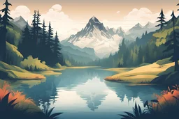 Illustrate a scenic nature landscape, such as a majestic mountain range, tranquil lake, or lush forest, capturing the beauty and serenity of the natural world in vector format.